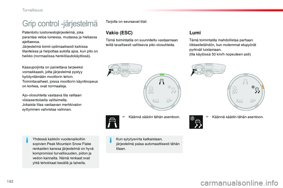 CITROEN JUMPER SPACETOURER 2017 Omistajan Käsikirjat (in Finnish) 162
Spacetourer-VP_fi_Chap05_securite_ed01-2016
Grip control -järjestelmä
Patentoitu luistonestojärjestelmä, joka
parantaa vetoa lumessa, mudassa ja hiekassa
ajettaessa.
Järjestelmä toimii opt CITROEN JUMPER SPACETOURER 2017 Omistajan Käsikirjat (in Finnish) 162
Spacetourer-VP_fi_Chap05_securite_ed01-2016
Grip control -järjestelmä
Patentoitu luistonestojärjestelmä, joka
parantaa vetoa lumessa, mudassa ja hiekassa
ajettaessa.
Järjestelmä toimii opt