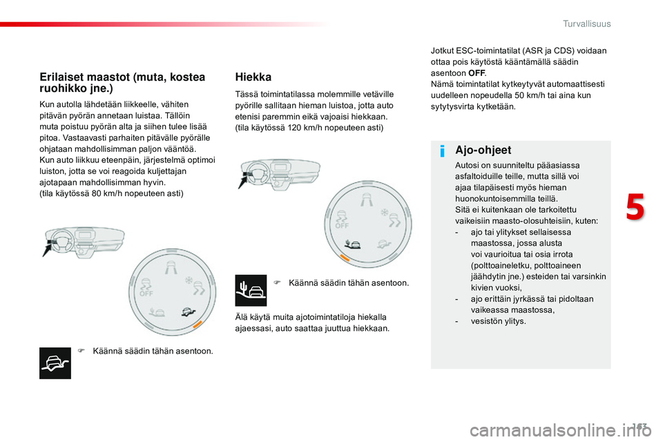 CITROEN JUMPER SPACETOURER 2017 Omistajan Käsikirjat (in Finnish) 163
Spacetourer-VP_fi_Chap05_securite_ed01-2016
Kun autolla lähdetään liikkeelle, vähiten
pitävän pyörän annetaan luistaa. Tällöin
muta poistuu pyörän alta ja siihen tulee lisää
pitoa CITROEN JUMPER SPACETOURER 2017 Omistajan Käsikirjat (in Finnish) 163
Spacetourer-VP_fi_Chap05_securite_ed01-2016
Kun autolla lähdetään liikkeelle, vähiten
pitävän pyörän annetaan luistaa. Tällöin
muta poistuu pyörän alta ja siihen tulee lisää
pitoa