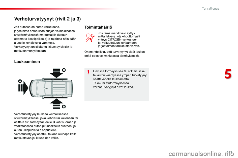 CITROEN JUMPER SPACETOURER 2017 Omistajan Käsikirjat (in Finnish) 171
Spacetourer-VP_fi_Chap05_securite_ed01-2016
Jos autossa on nämä varusteena,
järjestelmä antaa lisää suojaa voimakkaassa
sivutörmäyksessä matkustajille (lukuun
ottamatta keskipaikkoja) CITROEN JUMPER SPACETOURER 2017 Omistajan Käsikirjat (in Finnish) 171
Spacetourer-VP_fi_Chap05_securite_ed01-2016
Jos autossa on nämä varusteena,
järjestelmä antaa lisää suojaa voimakkaassa
sivutörmäyksessä matkustajille (lukuun
ottamatta keskipaikkoja)