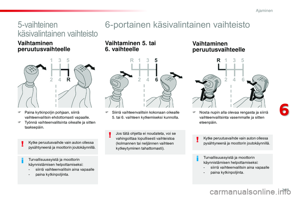 CITROEN JUMPER SPACETOURER 2017 Omistajan Käsikirjat (in Finnish) 203
Spacetourer-VP_fi_Chap06_conduite_ed01-2016
Kytke peruutusvaihde vain auton ollessa
pysähtyneenä ja moottorin joutokäynnillä.
Turvallisuussyistä ja moottorin
käynnistämisen helpottamiseks CITROEN JUMPER SPACETOURER 2017 Omistajan Käsikirjat (in Finnish) 203
Spacetourer-VP_fi_Chap06_conduite_ed01-2016
Kytke peruutusvaihde vain auton ollessa
pysähtyneenä ja moottorin joutokäynnillä.
Turvallisuussyistä ja moottorin
käynnistämisen helpottamiseks