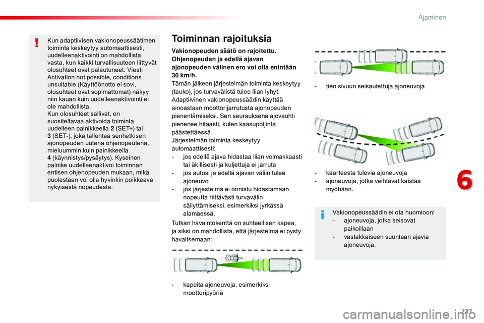 CITROEN JUMPER SPACETOURER 2017 Omistajan Käsikirjat (in Finnish) 237
Spacetourer-VP_fi_Chap06_conduite_ed01-2016
Kun adaptiivisen vakionopeussäätimen
toiminta keskeytyy automaattisesti,
uudelleenaktivointi on mahdollista
vasta, kun kaikki turvallisuuteen liitt CITROEN JUMPER SPACETOURER 2017 Omistajan Käsikirjat (in Finnish) 237
Spacetourer-VP_fi_Chap06_conduite_ed01-2016
Kun adaptiivisen vakionopeussäätimen
toiminta keskeytyy automaattisesti,
uudelleenaktivointi on mahdollista
vasta, kun kaikki turvallisuuteen liitt