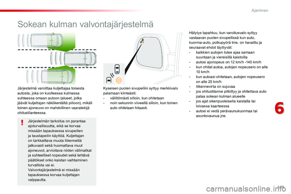 CITROEN JUMPER SPACETOURER 2017 Omistajan Käsikirjat (in Finnish) 249
Spacetourer-VP_fi_Chap06_conduite_ed01-2016
Sokean kulman valvontajärjestelmä
Kyseisen puolen sivupeiliin syttyy merkkivalo
palamaan kiinteästi:
-
v
älittömästi silloin, kun ohitetaan
-
CITROEN JUMPER SPACETOURER 2017 Omistajan Käsikirjat (in Finnish) 249
Spacetourer-VP_fi_Chap06_conduite_ed01-2016
Sokean kulman valvontajärjestelmä
Kyseisen puolen sivupeiliin syttyy merkkivalo
palamaan kiinteästi:
-
v
älittömästi silloin, kun ohitetaan
-