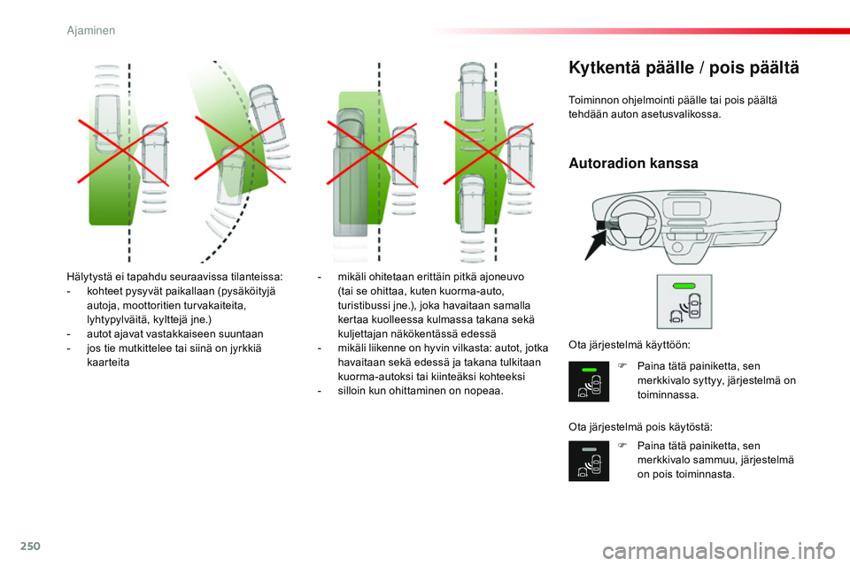 CITROEN JUMPER SPACETOURER 2017 Omistajan Käsikirjat (in Finnish) 250
Spacetourer-VP_fi_Chap06_conduite_ed01-2016
Hälytystä ei tapahdu seuraavissa tilanteissa:
- k ohteet pysyvät paikallaan (pysäköityjä
autoja, moottoritien turvakaiteita,
lyhtypylväitä, ky CITROEN JUMPER SPACETOURER 2017 Omistajan Käsikirjat (in Finnish) 250
Spacetourer-VP_fi_Chap06_conduite_ed01-2016
Hälytystä ei tapahdu seuraavissa tilanteissa:
- k ohteet pysyvät paikallaan (pysäköityjä
autoja, moottoritien turvakaiteita,
lyhtypylväitä, ky