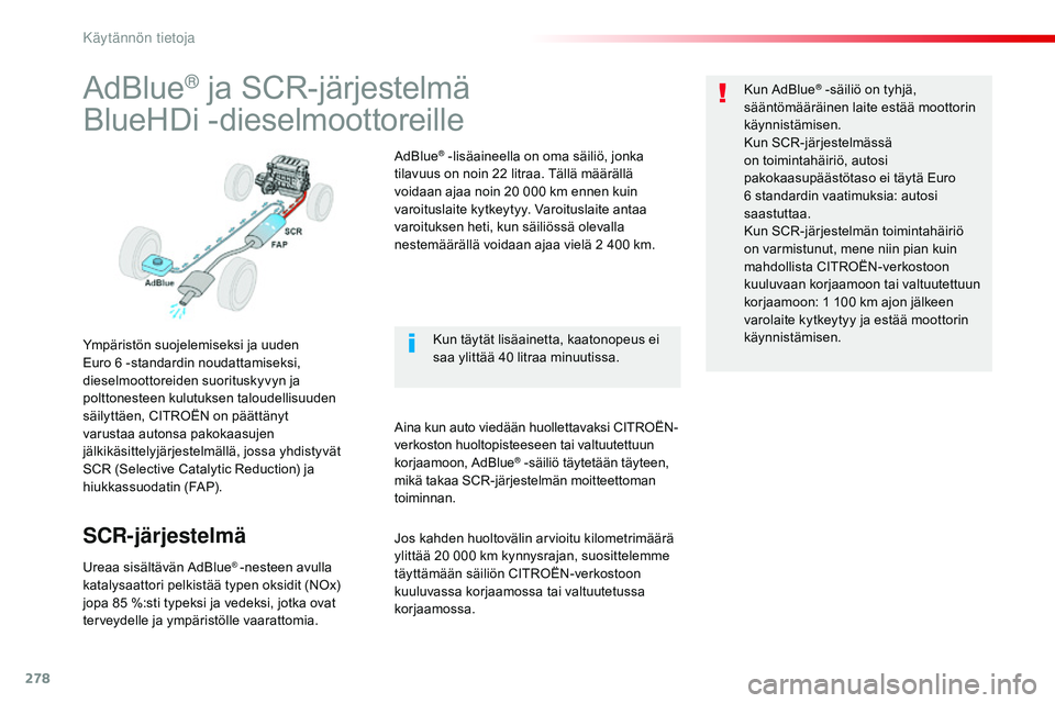 CITROEN JUMPER SPACETOURER 2017 Omistajan Käsikirjat (in Finnish) 278
Spacetourer-VP_fi_Chap07_info-pratiques_ed01-2016
AdBlue® ja SCR-järjestelmä
BlueHDi -dieselmoottoreille
Ympäristön suojelemiseksi ja uuden
Euro 6
-standardin noudattamiseksi,
dieselmoott CITROEN JUMPER SPACETOURER 2017 Omistajan Käsikirjat (in Finnish) 278
Spacetourer-VP_fi_Chap07_info-pratiques_ed01-2016
AdBlue® ja SCR-järjestelmä
BlueHDi -dieselmoottoreille
Ympäristön suojelemiseksi ja uuden
Euro 6
-standardin noudattamiseksi,
dieselmoott