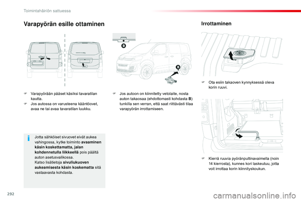 CITROEN JUMPER SPACETOURER 2017  Omistajan Käsikirjat (in Finnish) 292
Spacetourer-VP_fi_Chap08_En-cas-de-panne_ed01-2016
F Varapyörään pääset käsiksi tavaratilan kautta.
F
 
J
 os autossa on varusteena kääntöovet, 
avaa ne tai avaa tavaratilan luukku. F
 
O