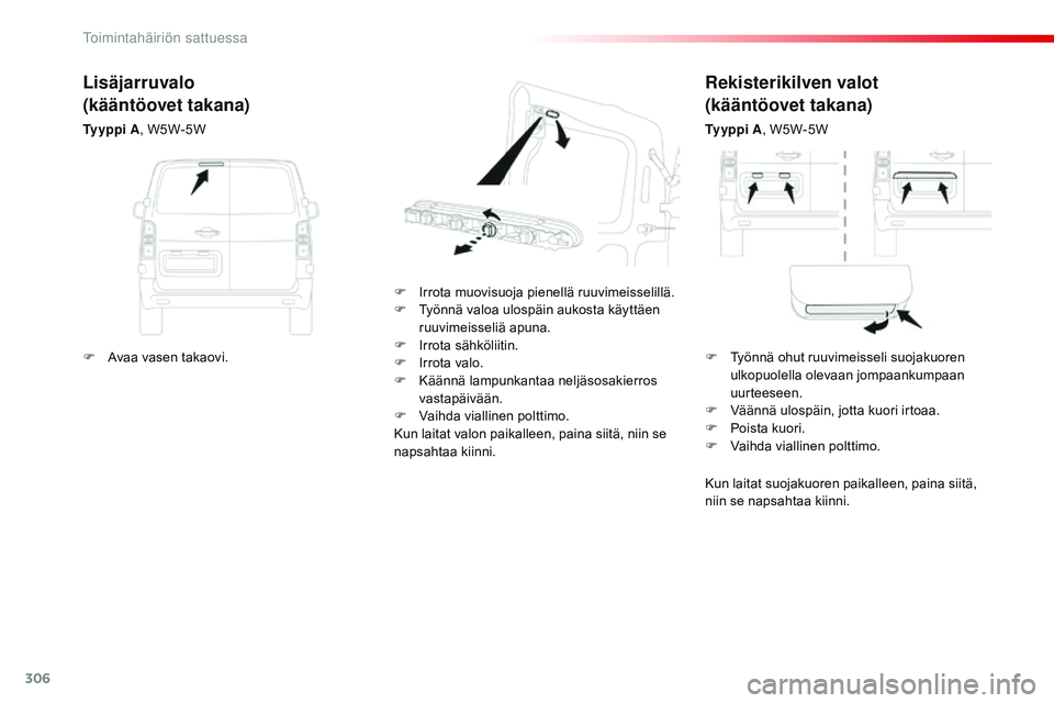CITROEN JUMPER SPACETOURER 2017 Omistajan Käsikirjat (in Finnish) 306
Spacetourer-VP_fi_Chap08_En-cas-de-panne_ed01-2016
Rekisterikilven valot
(kääntöovet takana)
Ty y p p i A, W5W-5W
F
I
rrota muovisuoja pienellä ruuvimeisselillä.
F
T
yönnä valoa ulos CITROEN JUMPER SPACETOURER 2017 Omistajan Käsikirjat (in Finnish) 306
Spacetourer-VP_fi_Chap08_En-cas-de-panne_ed01-2016
Rekisterikilven valot
(kääntöovet takana)
Ty y p p i A, W5W-5W
F
I
rrota muovisuoja pienellä ruuvimeisselillä.
F
T
yönnä valoa ulos