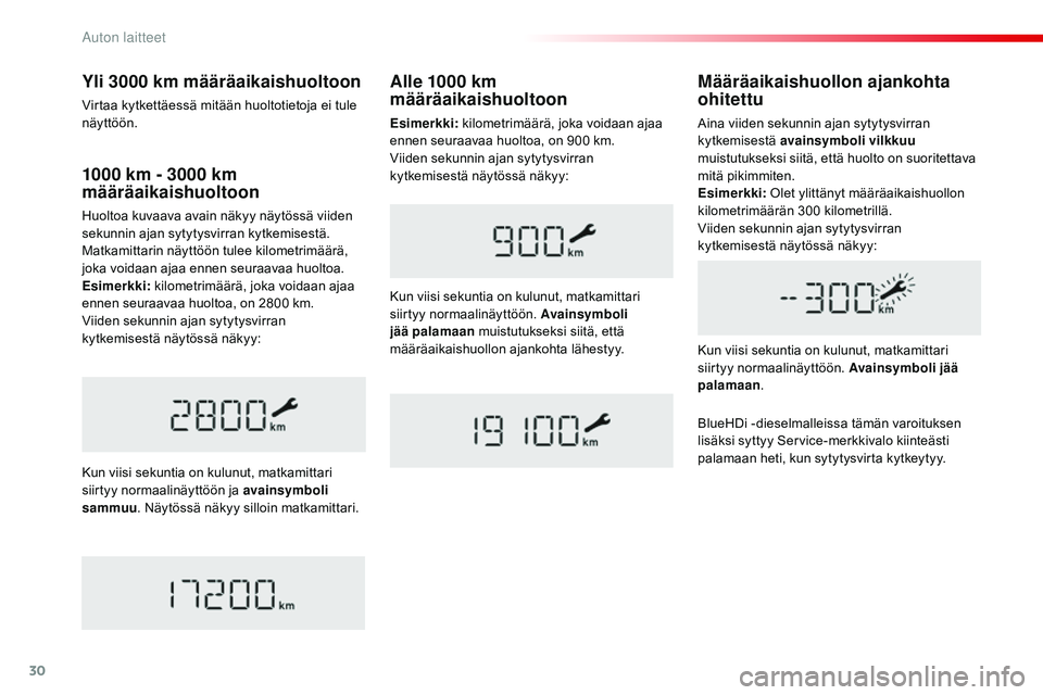 CITROEN JUMPER SPACETOURER 2017 Omistajan Käsikirjat (in Finnish) 30
1000 km - 3000 km
m ääräaikaishuoltoon
Huoltoa kuvaava avain näkyy näytössä viiden
sekunnin ajan sytytysvirran kytkemisestä.
Matkamittarin näyttöön tulee kilometrimäärä,
joka void CITROEN JUMPER SPACETOURER 2017 Omistajan Käsikirjat (in Finnish) 30
1000 km - 3000 km
m ääräaikaishuoltoon
Huoltoa kuvaava avain näkyy näytössä viiden
sekunnin ajan sytytysvirran kytkemisestä.
Matkamittarin näyttöön tulee kilometrimäärä,
joka void