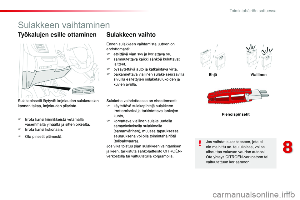 CITROEN JUMPER SPACETOURER 2017 Omistajan Käsikirjat (in Finnish) 311
Spacetourer-VP_fi_Chap08_En-cas-de-panne_ed01-2016
F Irrota kansi kiinnikkeistä vetämällä vasemmalta ylhäältä ja sitten oikealta.
F
I
rrota kansi kokonaan. Ehjä
Viallinen
Pienoispinseti CITROEN JUMPER SPACETOURER 2017 Omistajan Käsikirjat (in Finnish) 311
Spacetourer-VP_fi_Chap08_En-cas-de-panne_ed01-2016
F Irrota kansi kiinnikkeistä vetämällä vasemmalta ylhäältä ja sitten oikealta.
F
I
rrota kansi kokonaan. Ehjä
Viallinen
Pienoispinseti