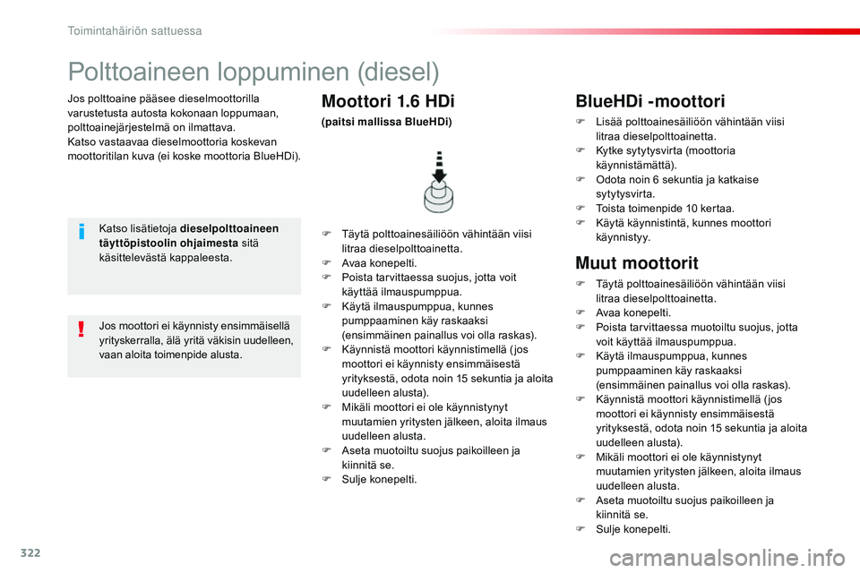 CITROEN JUMPER SPACETOURER 2017  Omistajan Käsikirjat (in Finnish) 322
Spacetourer-VP_fi_Chap08_En-cas-de-panne_ed01-2016
Jos polttoaine pääsee dieselmoottorilla 
varustetusta autosta kokonaan loppumaan, 
polttoainejärjestelmä on ilmattava.
Katso vastaavaa diesel