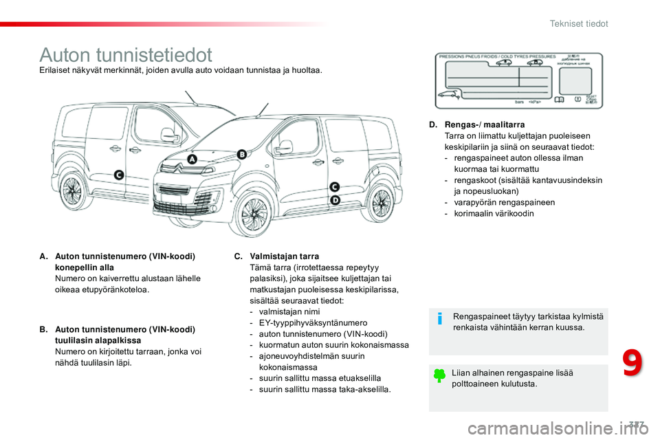 CITROEN JUMPER SPACETOURER 2017  Omistajan Käsikirjat (in Finnish) 327
Spacetourer-VP_fi_Chap09_caracteristiques-techniques_ed01-2016
Auton tunnistetiedotErilaiset näkyvät merkinnät, joiden avulla auto voidaan tunnistaa ja huoltaa.
A.
 A
uton tunnistenumero (VIN-k