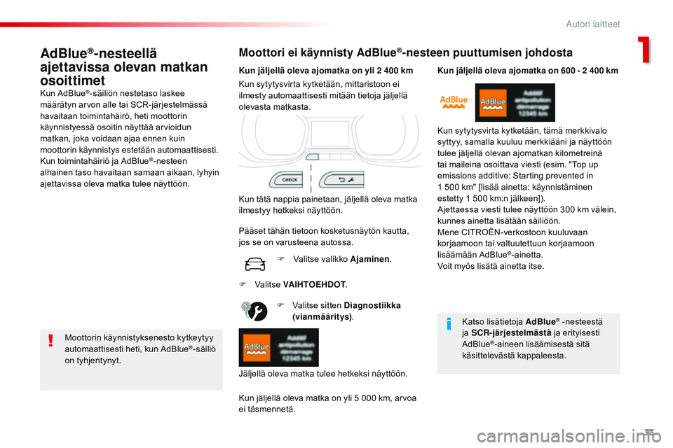 CITROEN JUMPER SPACETOURER 2017 Omistajan Käsikirjat (in Finnish) 33
Spacetourer-VP_fi_Chap01_instruments-de-bord_ed01-2016
AdBlue®-nesteellä
ajettavissa olevan matkan
osoittimet
Kun AdBlue®-säiliön nestetaso laskee
määrätyn arvon alle tai SCR-järjestelm CITROEN JUMPER SPACETOURER 2017 Omistajan Käsikirjat (in Finnish) 33
Spacetourer-VP_fi_Chap01_instruments-de-bord_ed01-2016
AdBlue®-nesteellä
ajettavissa olevan matkan
osoittimet
Kun AdBlue®-säiliön nestetaso laskee
määrätyn arvon alle tai SCR-järjestelm