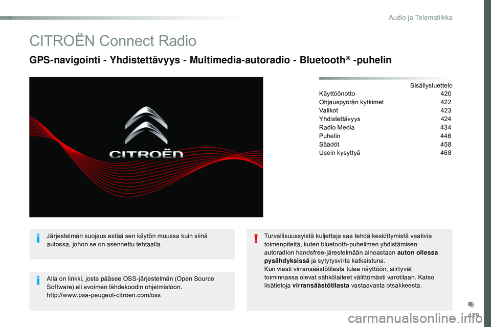 CITROEN JUMPER SPACETOURER 2017 Omistajan Käsikirjat (in Finnish) 419
Spacetourer-VP_fi_Chap10c_RCC-1_ed01-2016
CITROËN Connect Radio
GPS-navigointi - Yhdistettävyys - Multimedia-autoradio - Bluetooth® -puhelin
Sisällysluettelo
Käyttöönotto 4 20
Ohjauspyörä CITROEN JUMPER SPACETOURER 2017 Omistajan Käsikirjat (in Finnish) 419
Spacetourer-VP_fi_Chap10c_RCC-1_ed01-2016
CITROËN Connect Radio
GPS-navigointi - Yhdistettävyys - Multimedia-autoradio - Bluetooth® -puhelin
Sisällysluettelo
Käyttöönotto 4 20
Ohjauspyörä