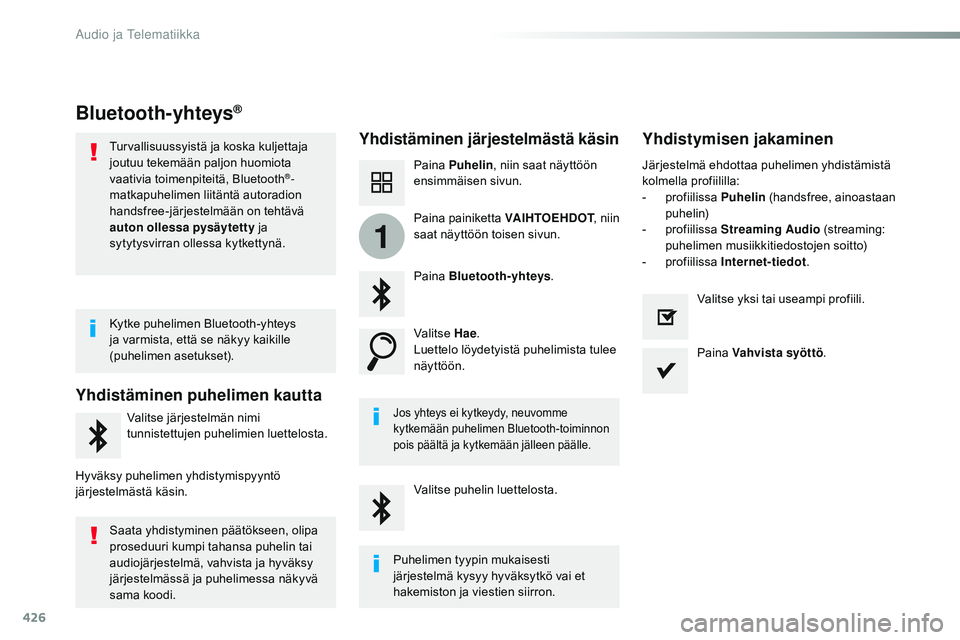 CITROEN JUMPER SPACETOURER 2017 Omistajan Käsikirjat (in Finnish) 426
1
Spacetourer-VP_fi_Chap10c_RCC-1_ed01-2016
Bluetooth-yhteys®
Yhdistäminen järjestelmästä käsinYhdistymisen jakaminen
Paina Puhelin , niin saat näyttöön
ensimmäisen sivun.
Paina Blueto CITROEN JUMPER SPACETOURER 2017 Omistajan Käsikirjat (in Finnish) 426
1
Spacetourer-VP_fi_Chap10c_RCC-1_ed01-2016
Bluetooth-yhteys®
Yhdistäminen järjestelmästä käsinYhdistymisen jakaminen
Paina Puhelin , niin saat näyttöön
ensimmäisen sivun.
Paina Blueto