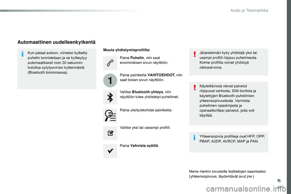 CITROEN JUMPER SPACETOURER 2017 Omistajan Käsikirjat (in Finnish) 453
1
Spacetourer-VP_fi_Chap10c_RCC-1_ed01-2016
Paina Puhelin , niin saat
ensimmäisen sivun näyttöön.
Valitse Bluetooth-yhteys , niin
näyttöön tulee yhdistetyt puhelimet.
Kun palaat autoon, CITROEN JUMPER SPACETOURER 2017 Omistajan Käsikirjat (in Finnish) 453
1
Spacetourer-VP_fi_Chap10c_RCC-1_ed01-2016
Paina Puhelin , niin saat
ensimmäisen sivun näyttöön.
Valitse Bluetooth-yhteys , niin
näyttöön tulee yhdistetyt puhelimet.
Kun palaat autoon,