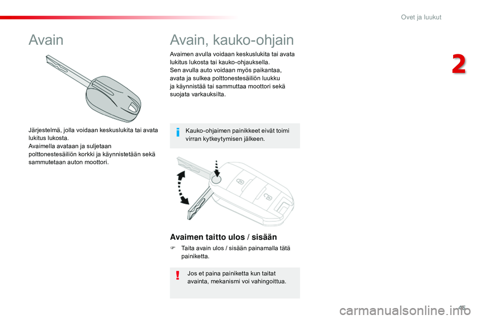CITROEN JUMPER SPACETOURER 2017 Omistajan Käsikirjat (in Finnish) 45
Spacetourer-VP_fi_Chap02_ouvertures_ed01-2016
Avaimen taitto ulos / sisään
F Taita avain ulos / sisään painamalla tätä painiketta.
Jos et paina painiketta kun taitat
avainta, mekanismi voi v CITROEN JUMPER SPACETOURER 2017 Omistajan Käsikirjat (in Finnish) 45
Spacetourer-VP_fi_Chap02_ouvertures_ed01-2016
Avaimen taitto ulos / sisään
F Taita avain ulos / sisään painamalla tätä painiketta.
Jos et paina painiketta kun taitat
avainta, mekanismi voi v