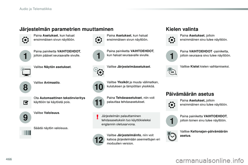 CITROEN JUMPER SPACETOURER 2017 Omistajan Käsikirjat (in Finnish) 466
111
10
11
12
8
91
Spacetourer-VP_fi_Chap10c_RCC-1_ed01-2016
Paina Asetukset , kun haluat
ensimmäisen sivun näyttöön. Paina
Asetukset , jolloin
ensimmäinen sivu tulee näyttöön.
Paina
As CITROEN JUMPER SPACETOURER 2017 Omistajan Käsikirjat (in Finnish) 466
111
10
11
12
8
91
Spacetourer-VP_fi_Chap10c_RCC-1_ed01-2016
Paina Asetukset , kun haluat
ensimmäisen sivun näyttöön. Paina
Asetukset , jolloin
ensimmäinen sivu tulee näyttöön.
Paina
As