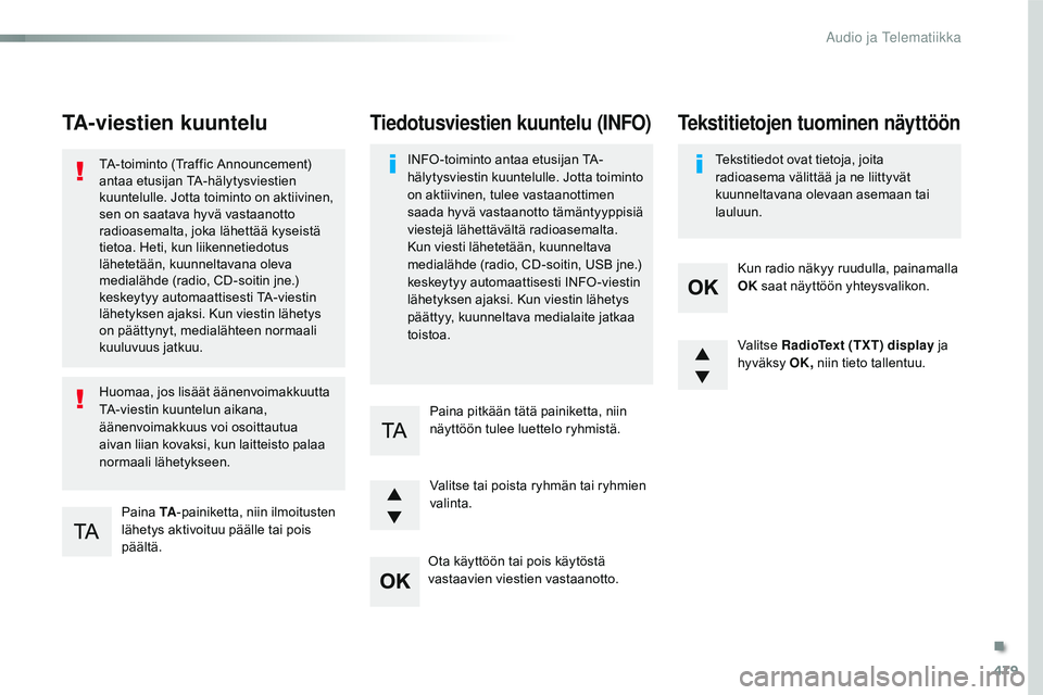CITROEN JUMPER SPACETOURER 2017 Omistajan Käsikirjat (in Finnish) 479
Spacetourer-VP_fi_Chap10d_RD6_ed01-2016
TA-viestien kuuntelu
Paina TA-painiketta, niin ilmoitusten
lähetys aktivoituu päälle tai pois
päältä.
TA-toiminto (Traffic Announcement)
antaa etus CITROEN JUMPER SPACETOURER 2017 Omistajan Käsikirjat (in Finnish) 479
Spacetourer-VP_fi_Chap10d_RD6_ed01-2016
TA-viestien kuuntelu
Paina TA-painiketta, niin ilmoitusten
lähetys aktivoituu päälle tai pois
päältä.
TA-toiminto (Traffic Announcement)
antaa etus