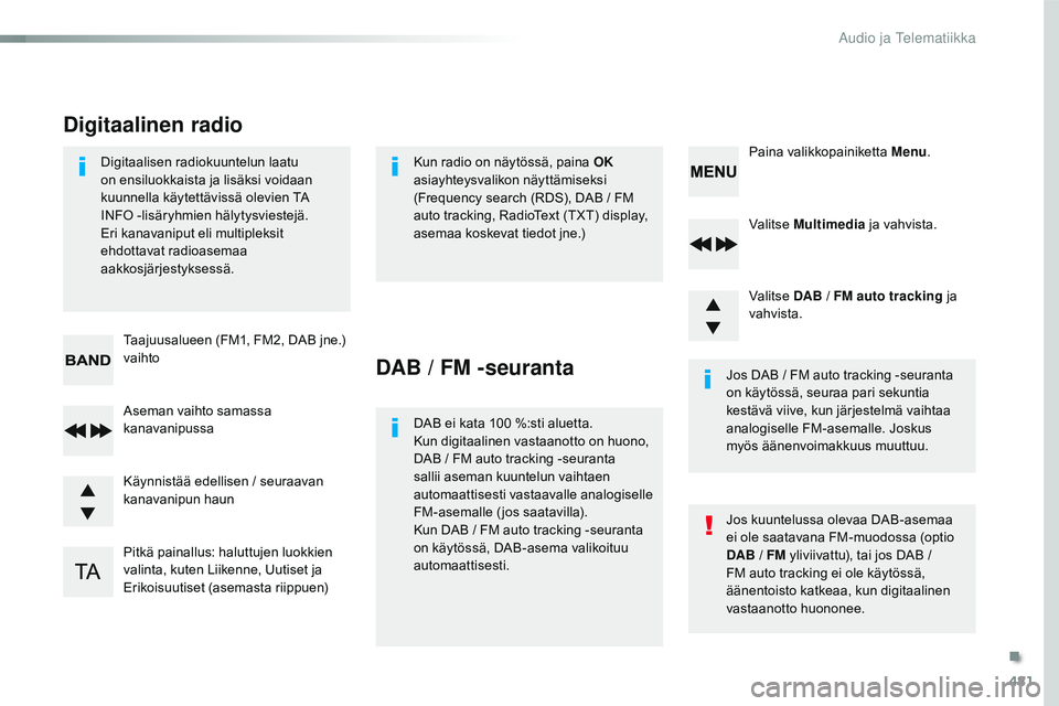 CITROEN JUMPER SPACETOURER 2017 Omistajan Käsikirjat (in Finnish) 481
Spacetourer-VP_fi_Chap10d_RD6_ed01-2016
Valitse Multimedia ja vahvista.
Valitse DAB / FM auto tracking ja
vahvista.
Pitkä painallus: haluttujen luokkien
valinta, kuten Liikenne, Uutiset ja
E CITROEN JUMPER SPACETOURER 2017 Omistajan Käsikirjat (in Finnish) 481
Spacetourer-VP_fi_Chap10d_RD6_ed01-2016
Valitse Multimedia ja vahvista.
Valitse DAB / FM auto tracking ja
vahvista.
Pitkä painallus: haluttujen luokkien
valinta, kuten Liikenne, Uutiset ja
E