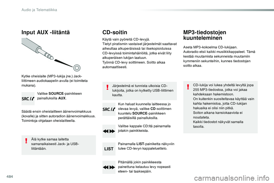 CITROEN JUMPER SPACETOURER 2017 Omistajan Käsikirjat (in Finnish) 484
Input AUX -liitäntä
Kytke oheislaite (MP3 -lukija jne.) Jack-
liittimeen audiokaapelin avulla (ei toimiteta
mukana).Valitse SOURCE -painikkeen
painalluksilla AUX.
Säädä ensin oheislaitteen CITROEN JUMPER SPACETOURER 2017 Omistajan Käsikirjat (in Finnish) 484
Input AUX -liitäntä
Kytke oheislaite (MP3 -lukija jne.) Jack-
liittimeen audiokaapelin avulla (ei toimiteta
mukana).Valitse SOURCE -painikkeen
painalluksilla AUX.
Säädä ensin oheislaitteen