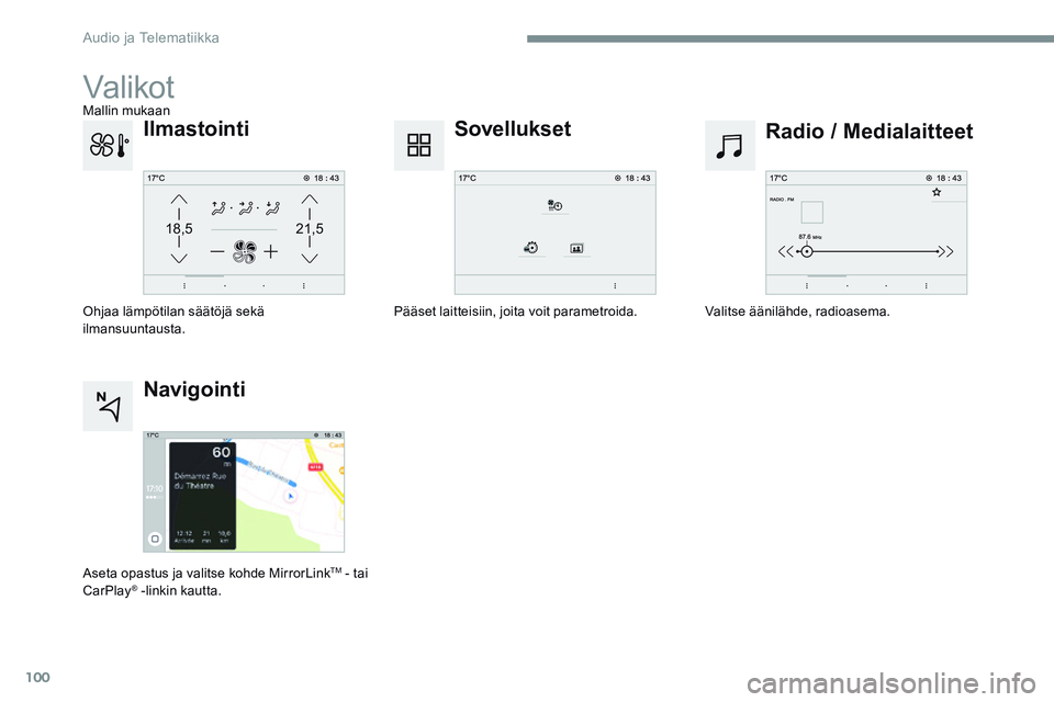 CITROEN JUMPER SPACETOURER 2017  Omistajan Käsikirjat (in Finnish) 100
21,518,5
Transversal-Citroen_fi_Chap02_RCC-2-2-0_ed01-2016
Valikot
Radio / Medialaitteet
Sovellukset
Valitse äänilähde, radioasema.
Pääset laitteisiin, joita voit parametroida.
Ilmastointi
Oh