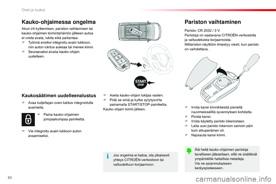CITROEN JUMPER SPACETOURER 2017  Omistajan Käsikirjat (in Finnish) 62
Spacetourer-VP_fi_Chap02_ouvertures_ed01-2016
Pariston vaihtaminen
Paristo: CR 2032 / 3 V.
P aristoja on saatavana CITROËN-verkostolta 
ja valtuutetuista korjaamoista.
Mittariston näyttöön ilme