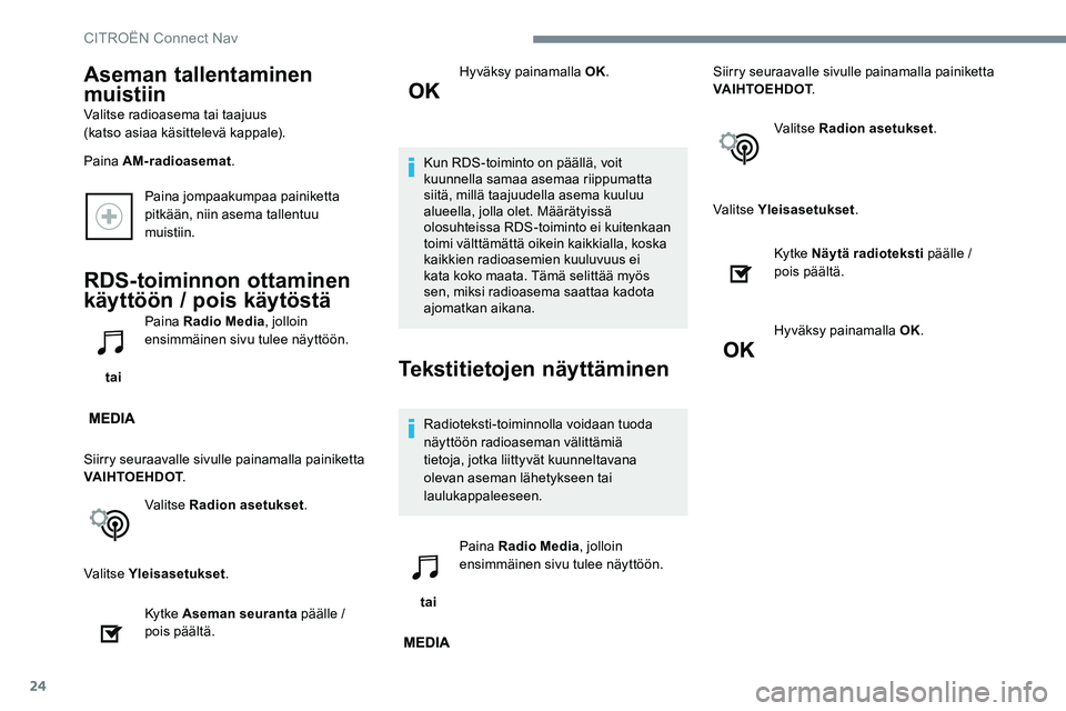 CITROEN JUMPER SPACETOURER 2017 Omistajan Käsikirjat (in Finnish) 24
Paina jompaakumpaa painiketta
pitkään, niin asema tallentuu
muistiin.
RDS-toiminnon ottaminen
käyttöön / pois käytöstä
tai Paina Radio Media
, jolloin
ensimmäinen sivu tulee näyttöà CITROEN JUMPER SPACETOURER 2017 Omistajan Käsikirjat (in Finnish) 24
Paina jompaakumpaa painiketta
pitkään, niin asema tallentuu
muistiin.
RDS-toiminnon ottaminen
käyttöön / pois käytöstä
tai Paina Radio Media
, jolloin
ensimmäinen sivu tulee näyttöÃ