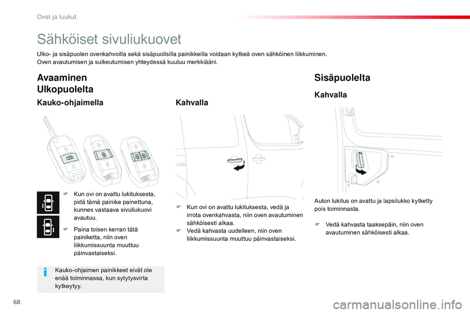 CITROEN JUMPER SPACETOURER 2017  Omistajan Käsikirjat (in Finnish) 68
Spacetourer-VP_fi_Chap02_ouvertures_ed01-2016
Sähköiset sivuliukuovet
Ulko- ja sisäpuolen ovenkahvoilla sekä sisäpuolisilla painikkeilla voidaan kytkeä oven sähköinen liikkuminen.
Oven avau