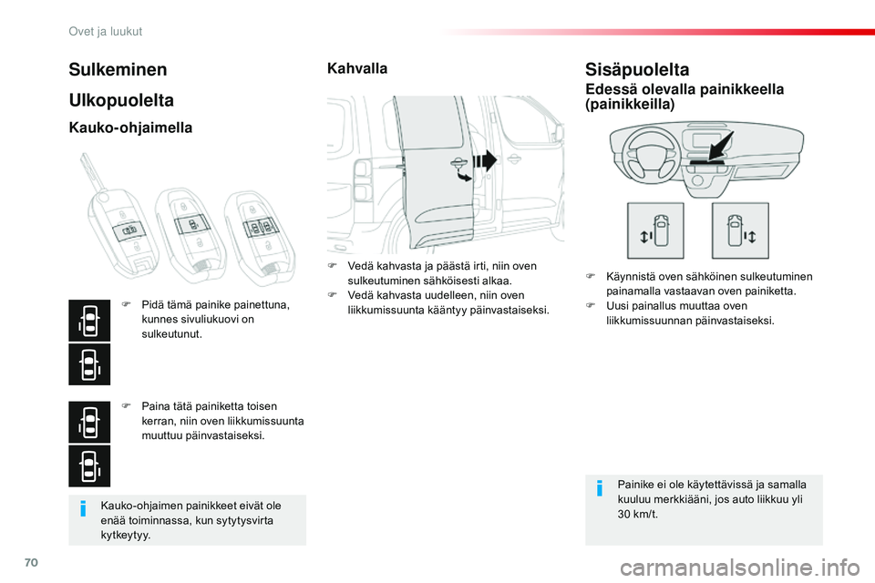 CITROEN JUMPER SPACETOURER 2017  Omistajan Käsikirjat (in Finnish) 70
Spacetourer-VP_fi_Chap02_ouvertures_ed01-2016
Kauko-ohjaimen painikkeet eivät ole 
enää toiminnassa, kun sytytysvirta 
kytkeytyy.
Sulkeminen
Ulkopuolelta
F Käynnistä oven sähköinen sulkeutum