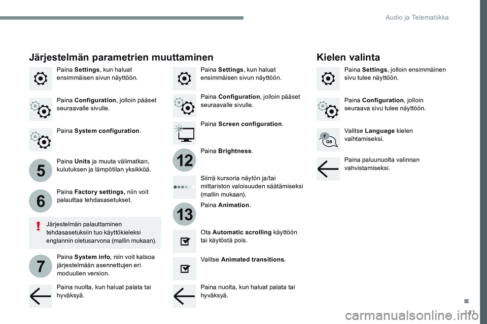 CITROEN JUMPER SPACETOURER 2017 Omistajan Käsikirjat (in Finnish) 141
5
6
7
12
13
Transversal-Citroen_fi_Chap02_RCC-2-2-0_ed01-2016
Paina Settings , kun haluat
ensimmäisen sivun näyttöön. Paina
Settings , jolloin ensimmäinen
sivu tulee näyttöön.
Paina
Se CITROEN JUMPER SPACETOURER 2017 Omistajan Käsikirjat (in Finnish) 141
5
6
7
12
13
Transversal-Citroen_fi_Chap02_RCC-2-2-0_ed01-2016
Paina Settings , kun haluat
ensimmäisen sivun näyttöön. Paina
Settings , jolloin ensimmäinen
sivu tulee näyttöön.
Paina
Se