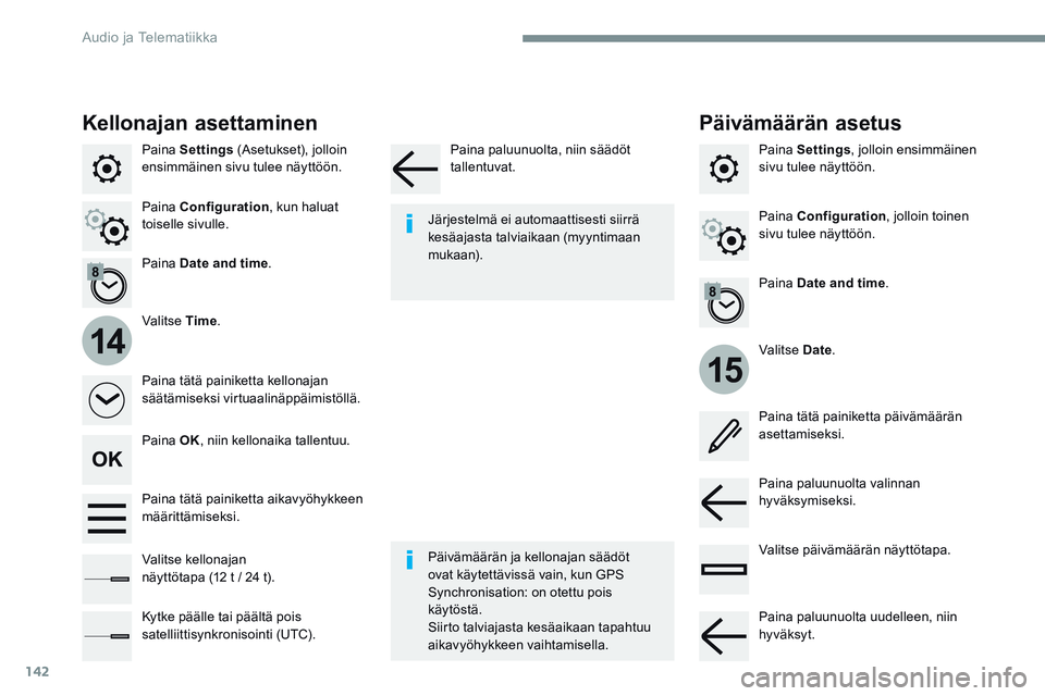 CITROEN JUMPER SPACETOURER 2017 Omistajan Käsikirjat (in Finnish) 142
15
14
Transversal-Citroen_fi_Chap02_RCC-2-2-0_ed01-2016
Paina Settings (Asetukset), jolloin
ensimmäinen sivu tulee näyttöön.
Valitse Date.
Valitse
Time.
Paina
Date and time .
Päivämäär CITROEN JUMPER SPACETOURER 2017 Omistajan Käsikirjat (in Finnish) 142
15
14
Transversal-Citroen_fi_Chap02_RCC-2-2-0_ed01-2016
Paina Settings (Asetukset), jolloin
ensimmäinen sivu tulee näyttöön.
Valitse Date.
Valitse
Time.
Paina
Date and time .
Päivämäär