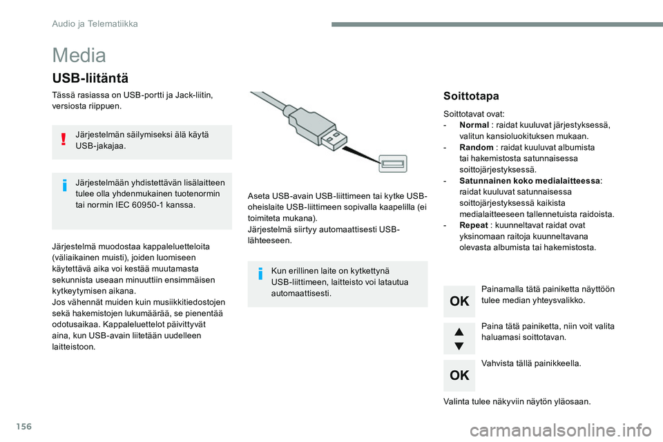 CITROEN JUMPER SPACETOURER 2017 Omistajan Käsikirjat (in Finnish) 156
Media
USB-liitäntä
Tässä rasiassa on USB-portti ja Jack-liitin,
versiosta riippuen.Aseta USB-avain USB-liittimeen tai kytke USB-
oheislaite USB-liittimeen sopivalla kaapelilla (ei
toimiteta CITROEN JUMPER SPACETOURER 2017 Omistajan Käsikirjat (in Finnish) 156
Media
USB-liitäntä
Tässä rasiassa on USB-portti ja Jack-liitin,
versiosta riippuen.Aseta USB-avain USB-liittimeen tai kytke USB-
oheislaite USB-liittimeen sopivalla kaapelilla (ei
toimiteta