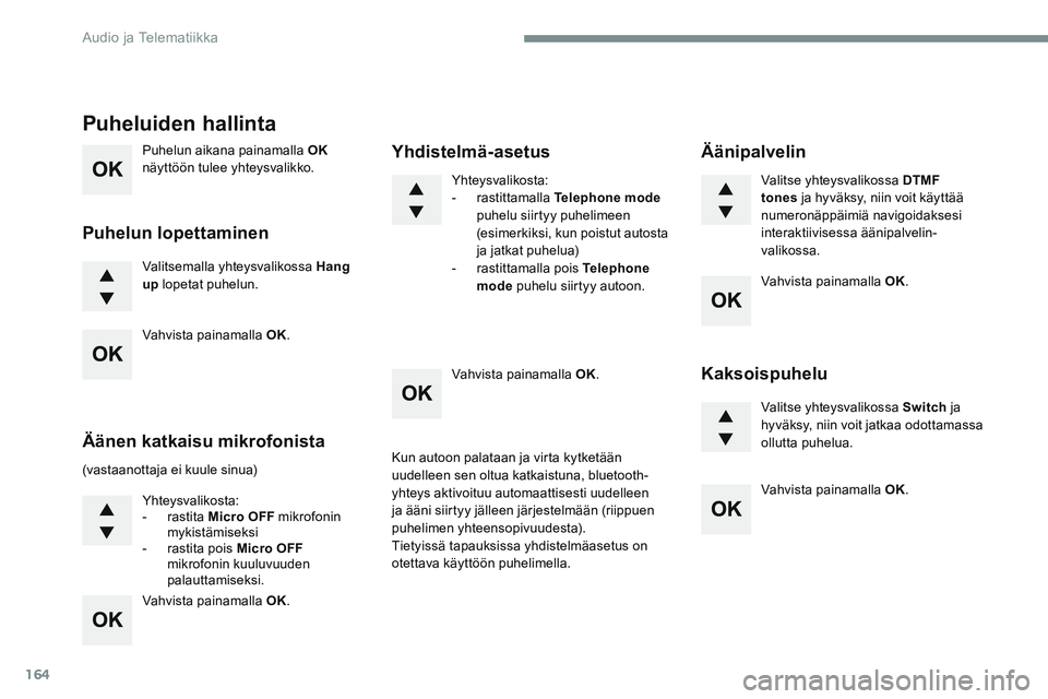 CITROEN JUMPER SPACETOURER 2017 Omistajan Käsikirjat (in Finnish) 164
Puhelun aikana painamalla OK
näyttöön tulee yhteysvalikko.
Valitsemalla yhteysvalikossa Hang
up lopetat puhelun.
Puheluiden hallinta
Puhelun lopettaminen
(vastaanottaja ei kuule sinua)
Yhtey CITROEN JUMPER SPACETOURER 2017 Omistajan Käsikirjat (in Finnish) 164
Puhelun aikana painamalla OK
näyttöön tulee yhteysvalikko.
Valitsemalla yhteysvalikossa Hang
up lopetat puhelun.
Puheluiden hallinta
Puhelun lopettaminen
(vastaanottaja ei kuule sinua)
Yhtey