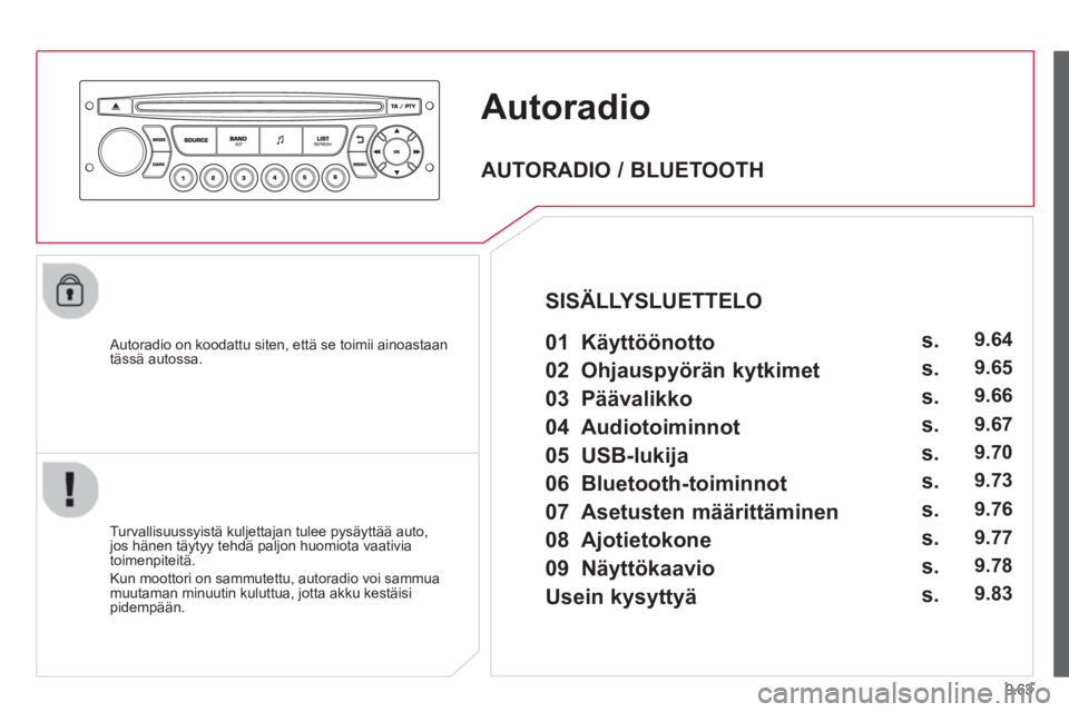 CITROEN JUMPER MULTISPACE 2014 Omistajan Käsikirjat (in Finnish) 9.63
Autoradio
Autoradio on koodattu siten, että se toimii ainoastaantässä autossa.
Turvallisuuss
yistä kuljettajan tulee pysäyttää auto,jos hänen täytyy tehdä paljon huomiota vaati CITROEN JUMPER MULTISPACE 2014 Omistajan Käsikirjat (in Finnish) 9.63
Autoradio
Autoradio on koodattu siten, että se toimii ainoastaantässä autossa.
Turvallisuuss
yistä kuljettajan tulee pysäyttää auto,jos hänen täytyy tehdä paljon huomiota vaati