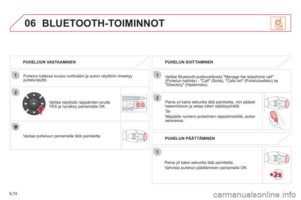 CITROEN JUMPER MULTISPACE 2014 Omistajan Käsikirjat (in Finnish) 9.74
06
PUHELUUN VASTAAMINEN
Puhelun tullessa kuuluu soitto
ääni ja auton näyttöön ilmestyypuhelunäyttö.
Valitse näytöstä näppäinten avullaYES ja hyväksy painamalla OK.
CITROEN JUMPER MULTISPACE 2014 Omistajan Käsikirjat (in Finnish) 9.74
06
PUHELUUN VASTAAMINEN
Puhelun tullessa kuuluu soitto
ääni ja auton näyttöön ilmestyypuhelunäyttö.
Valitse näytöstä näppäinten avullaYES ja hyväksy painamalla OK.