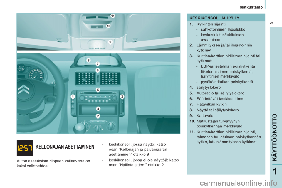 CITROEN JUMPER MULTISPACE 2012  Omistajan Käsikirjat (in Finnish)  9
   
 
Matkustamo
KÄYTTÖÖNOTTO
1
 
 
KESKIKONSOLI JA HYLLY 
   
 
1. 
 Kytkinten sijainti: 
   
 
-  sähkötoiminen lapsilukko 
   
-  keskuslukitus/lukituksen 
avaaminen.  
   
2. 
  Lämmityks