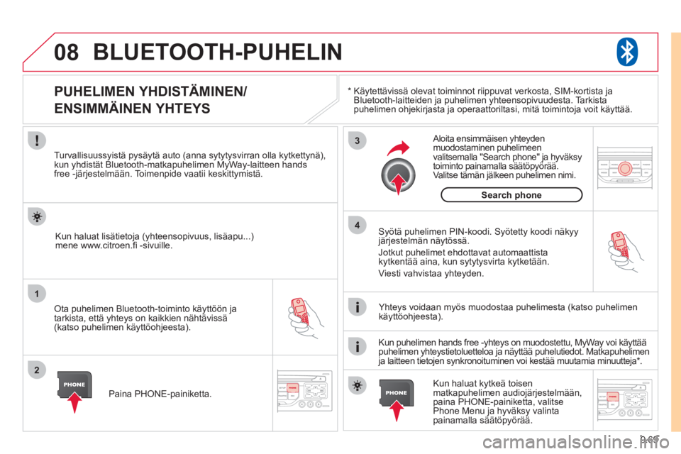 CITROEN JUMPER MULTISPACE 2012  Omistajan Käsikirjat (in Finnish) 9.69
08
1
2
3
4
BLUETOOTH-PUHELIN
*     
Käytettävissä olevat toiminnot riippuvat verkosta, SIM-kortista ja Bluetooth-laitteiden ja puhelimen yhteensopivuudesta. Tarkista 
puhelimen ohjekirjasta ja