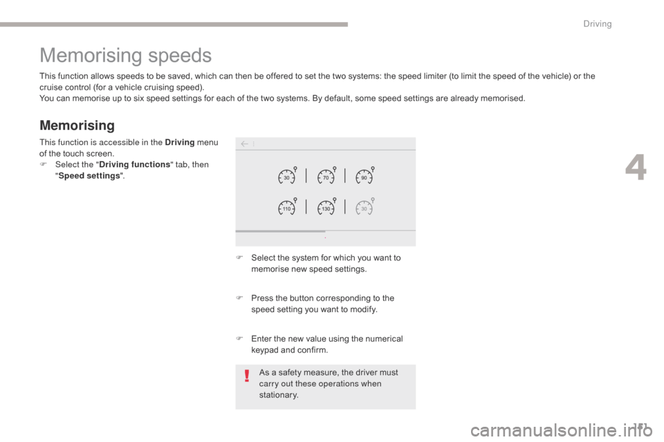Citroen GRAND C4 PICASSO 2017 2.G Owners Guide 151
C4-Picasso-II_en_Chap04_conduite_ed02-2016
Memorising speeds
Memorising
This function allows speeds to be saved, which can then be offered to set the two systems: the speed limiter (to limit the s