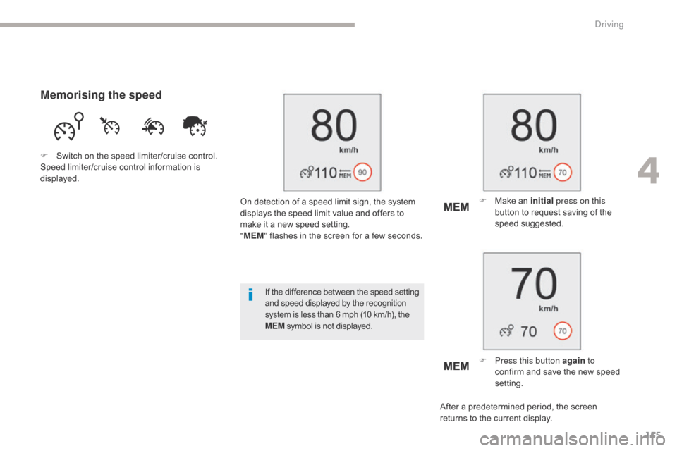 Citroen GRAND C4 PICASSO 2017 2.G Owners Manual 155
C4-Picasso-II_en_Chap04_conduite_ed02-2016
F Make an initial press on this 
button to request saving of the 
speed suggested.
F
 
P
 ress this button again  to 
confirm and save the new speed 
set