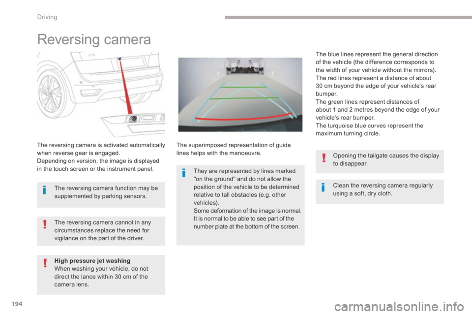 Citroen GRAND C4 PICASSO 2017 2.G Service Manual 194
C4-Picasso-II_en_Chap04_conduite_ed02-2016
Reversing camera
Clean the reversing camera regularly 
using a soft, dry cloth.
The reversing camera is activated automatically 
when reverse gear is eng