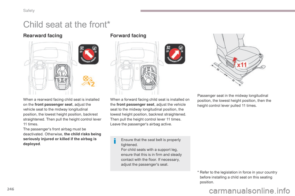 Citroen GRAND C4 PICASSO 2017 2.G User Guide 246
C4-Picasso-II_en_Chap06_securite_ed02-2016
Child seat at the front*
When a rear ward facing child seat is installed 
on the front passenger seat, adjust the 
vehicle seat to the midway longitudina