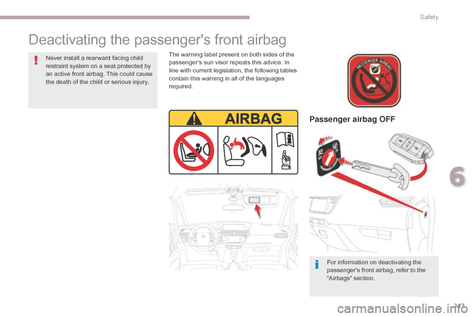 Citroen GRAND C4 PICASSO 2017 2.G Owners Manual 247
C4-Picasso-II_en_Chap06_securite_ed02-2016
Deactivating the passengers front airbag
Passenger airbag OFF
For information on deactivating the 
passengers front airbag, refer to the 
"Airbags" sec