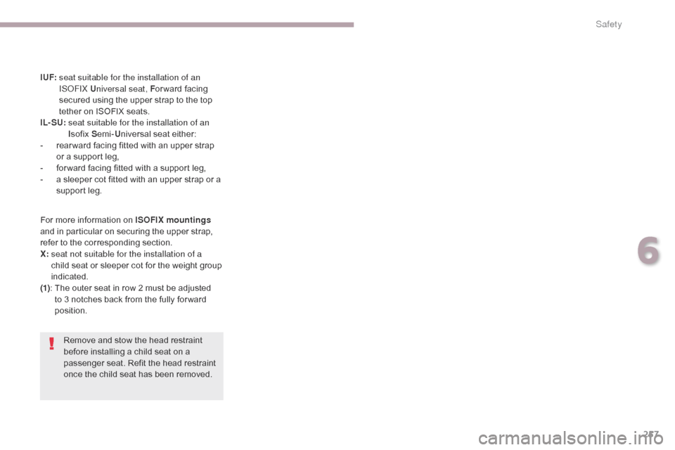 Citroen GRAND C4 PICASSO 2017 2.G Owners Manual 257
C4-Picasso-II_en_Chap06_securite_ed02-2016
I UF:   seat suitable for the installation of an 
ISOFIX U niversal seat, F or ward facing 
secured using the upper strap to the top 
tether on ISOFIX se