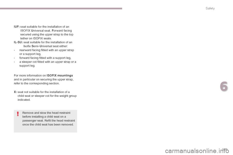 Citroen GRAND C4 PICASSO 2017 2.G Owners Manual 259
C4-Picasso-II_en_Chap06_securite_ed02-2016
I UF:   seat suitable for the installation of an 
ISOFIX U niversal seat, F or ward facing 
secured using the upper strap to the top 
tether on ISOFIX se