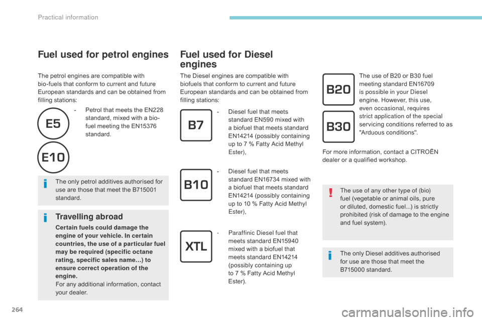 Citroen GRAND C4 PICASSO 2017 2.G Owners Manual 264
C4-Picasso-II_en_Chap07_info-pratiques_ed02-2016
Fuel used for petrol engines
The petrol engines are compatible with 
bio-fuels that conform to current and future 
European standards and can be ob