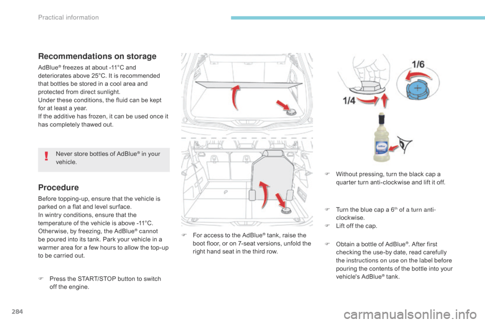 Citroen GRAND C4 PICASSO 2017 2.G Owners Manual 284
C4-Picasso-II_en_Chap07_info-pratiques_ed02-2016
Recommendations on storage
AdBlue® freezes at about -11°C and
deteriorates above 25°C. It is recommended
that bottles be stored in a cool area Citroen GRAND C4 PICASSO 2017 2.G Owners Manual 284
C4-Picasso-II_en_Chap07_info-pratiques_ed02-2016
Recommendations on storage
AdBlue® freezes at about -11°C and
deteriorates above 25°C. It is recommended
that bottles be stored in a cool area
