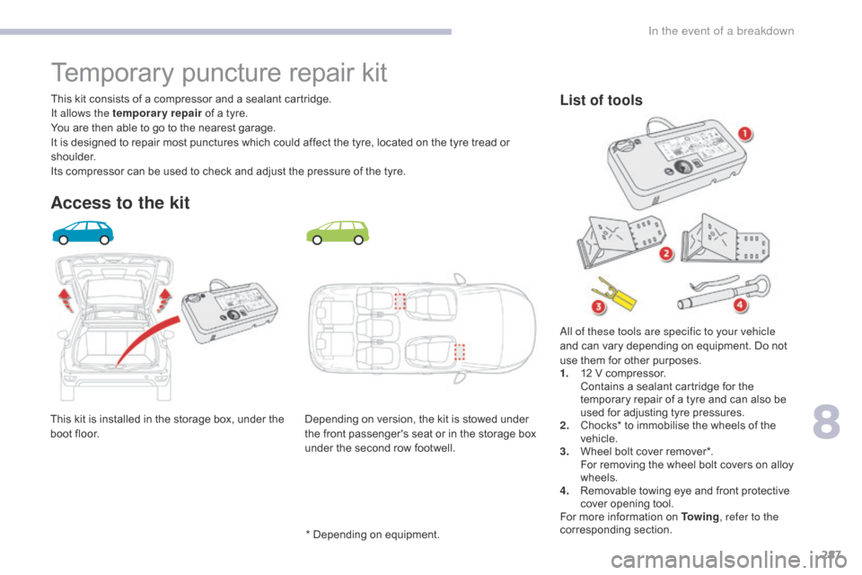 Citroen GRAND C4 PICASSO 2017 2.G Owners Guide 287
C4-Picasso-II_en_Chap08_en-cas-panne_ed02-2016
This kit is installed in the storage box, under the 
boot floor.This kit consists of a compressor and a sealant cartridge.
It allows the temporary re