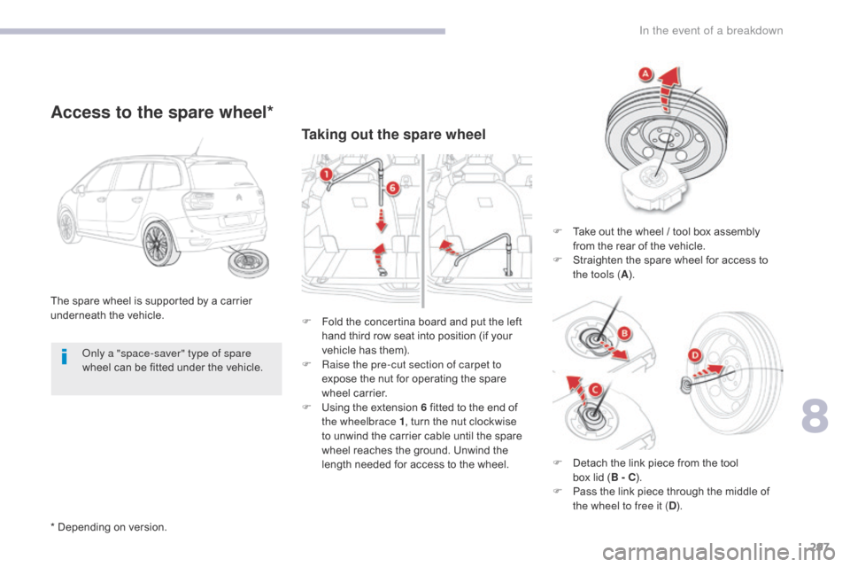 Citroen GRAND C4 PICASSO 2017 2.G Owners Manual 297
C4-Picasso-II_en_Chap08_en-cas-panne_ed02-2016
Taking out the spare wheel
The spare wheel is supported by a carrier
underneath the vehicle.
Access to the spare wheel*
F Take out the wheel / tool Citroen GRAND C4 PICASSO 2017 2.G Owners Manual 297
C4-Picasso-II_en_Chap08_en-cas-panne_ed02-2016
Taking out the spare wheel
The spare wheel is supported by a carrier
underneath the vehicle.
Access to the spare wheel*
F Take out the wheel / tool
