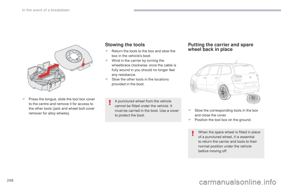 Citroen GRAND C4 PICASSO 2017 2.G Owners Manual 298
C4-Picasso-II_en_Chap08_en-cas-panne_ed02-2016
A punctured wheel from the vehicle 
cannot be fitted under the vehicle. It 
must be carried in the boot. Use a cover 
to protect the boot.
F
 P
ress 