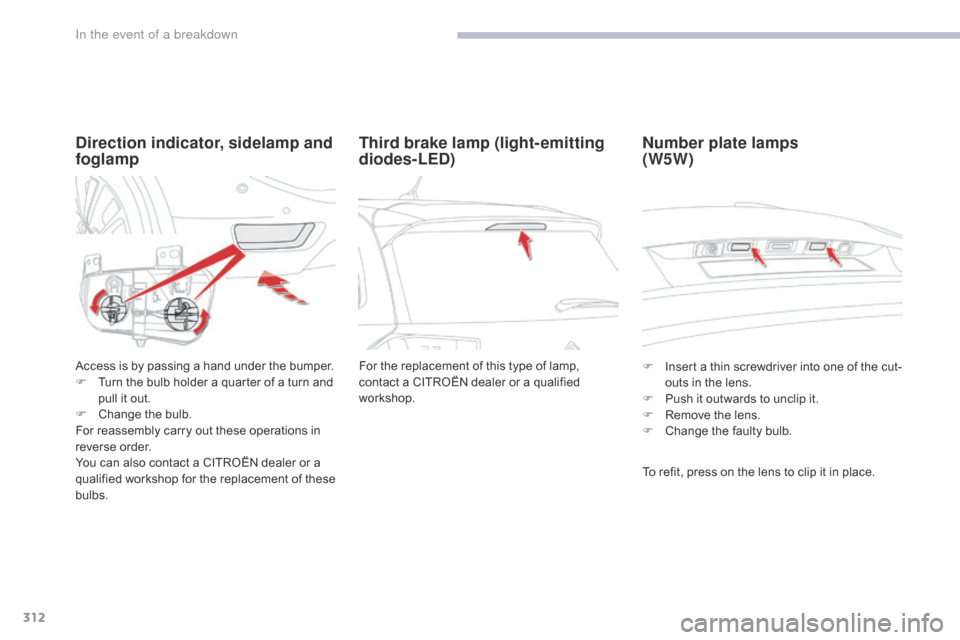 Citroen GRAND C4 PICASSO 2017 2.G Owners Manual 312
C4-Picasso-II_en_Chap08_en-cas-panne_ed02-2016
Direction indicator, sidelamp and 
foglamp
Access is by passing a hand under the bumper.
F T urn the bulb holder a quarter of a turn and 
pull it out