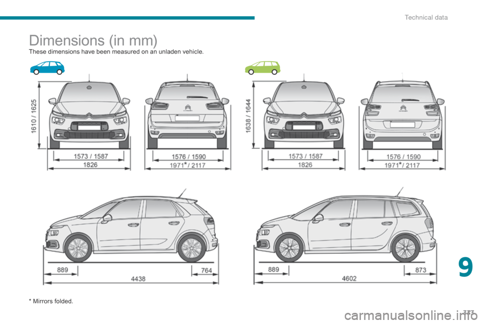 Citroen GRAND C4 PICASSO 2017 2.G Owners Manual 333
C4-Picasso-II_en_Chap09_caracteristiques-techniques_ed02-2016
Dimensions (in mm)These dimensions have been measured on an unladen vehicle.
* Mirrors folded.
9 
T  